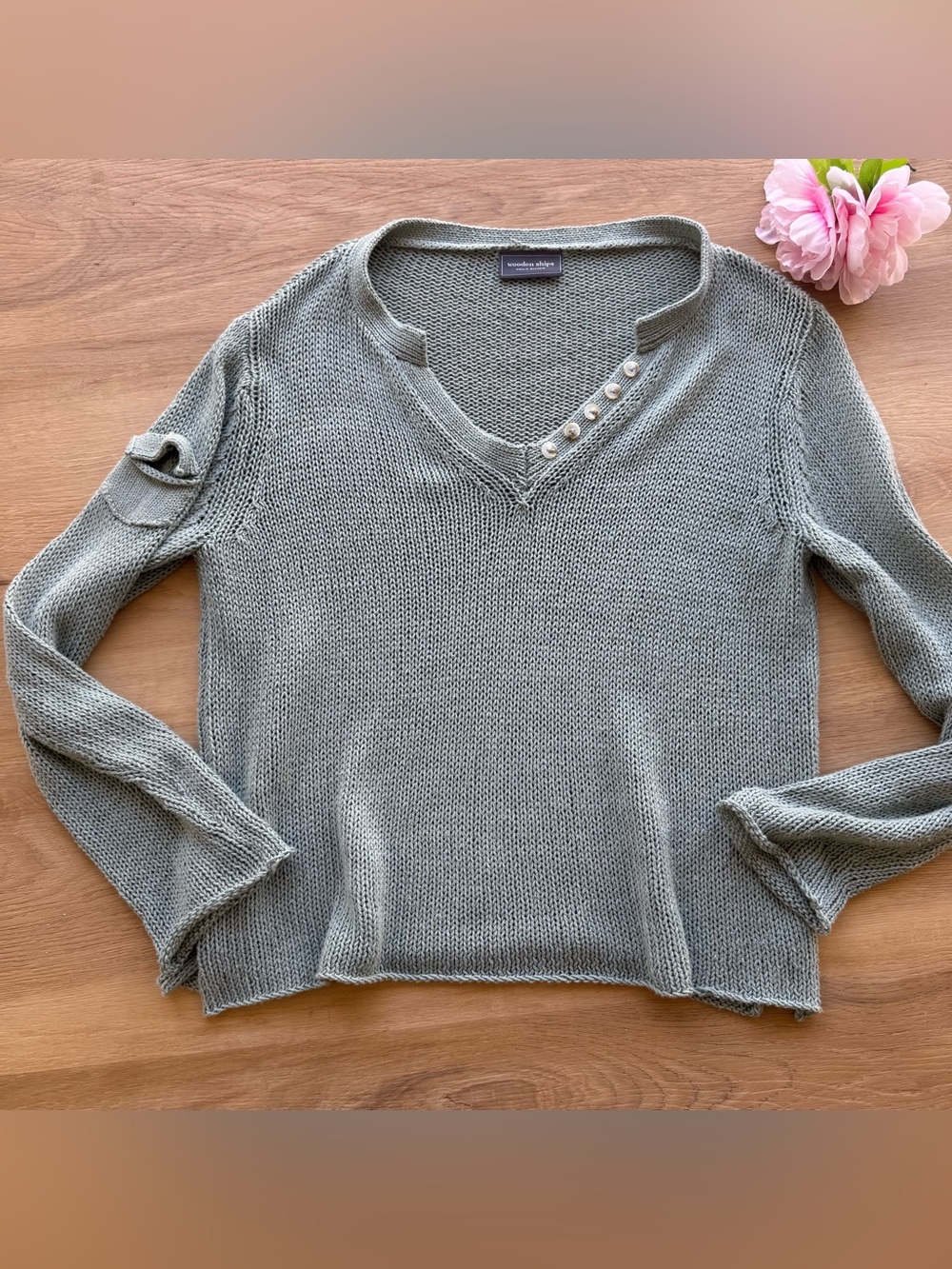 Wooden Ships Paola Buendía sweater medium Olive Green knitted V-Neck Button